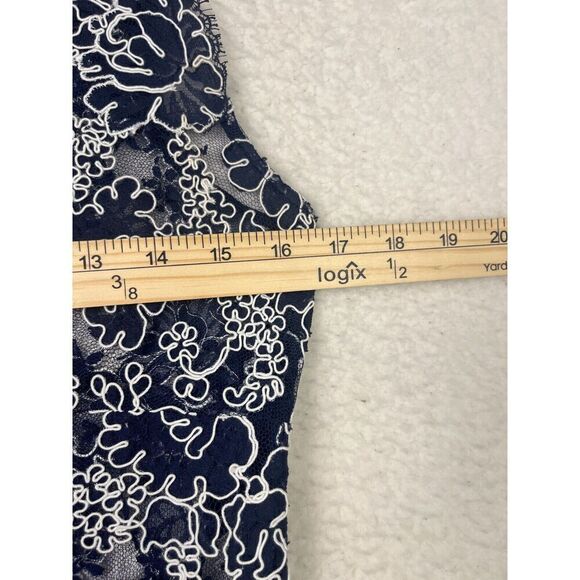 ML Monique Lhuillier Navy Floral Lace Sheath Midi Skirt Sheer V Neck Top Size 10 - Picture 7 of 13